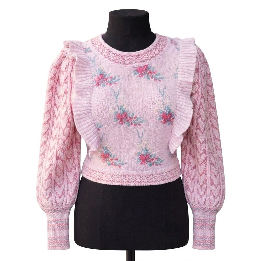 LoveShackFancy Warwick Ruffle Sweater First Blush Pink Multi Strawberry Floral L